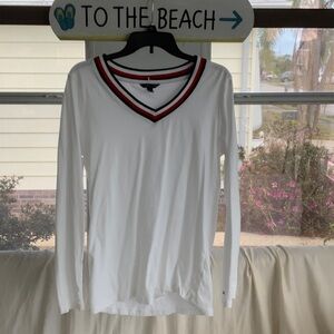 White Long Sleeve V-Neck Top with Red and Black Trim